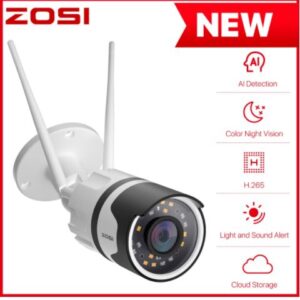 ZOSI H.265+ 1080P Wireless Outdoor Security Camera with Two-Way Audio, IP67 Waterproof, 80ft Color Night Vision
